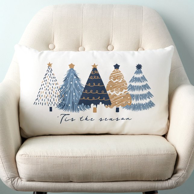 Cojín Lumbar Festividad en los árboles azules de la marina, Nav (Navy Blue Trees Modern Simple Christmas Holiday Lumbar Pillow)
