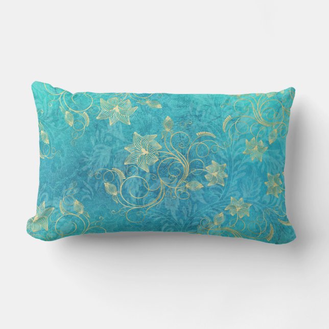 Cojín Lumbar Filigree floral de oro sobre turquesa (Anverso)