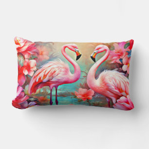 Cojín Lumbar Flamencos rosas en un lago con flores-20231