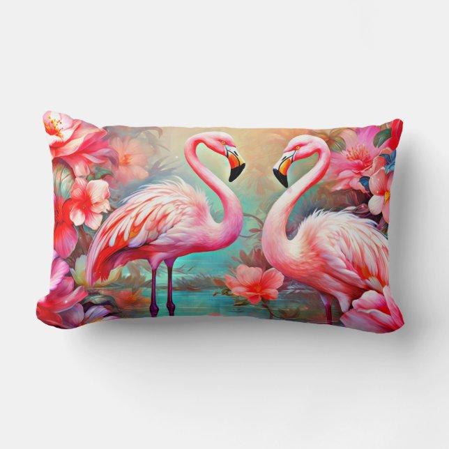Cojín Lumbar Flamencos rosas en un lago con flores-20231 (Anverso)
