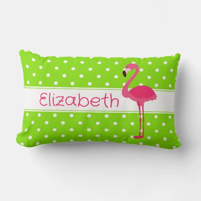 Cojín Lumbar Flamingo de polka rosa y verde personalizado (Anverso)