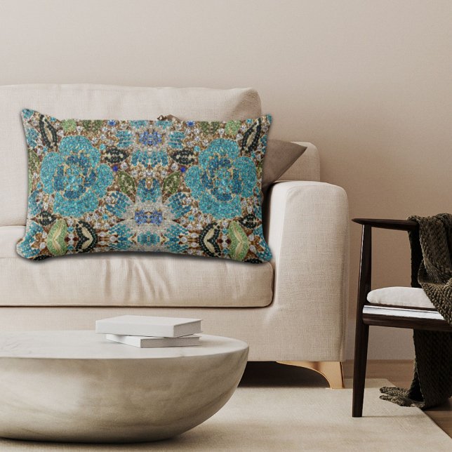 Cojín Lumbar flor azul turquesa plateada de moda femenina (bohemian girly chic silver turquoise blue flower lumbar pillow)