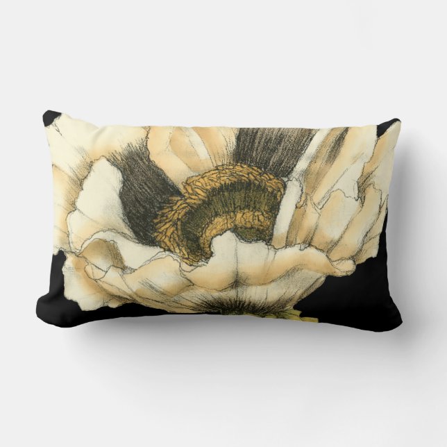 Cojín Lumbar Flor de amapola crema en fondo negro (Anverso)