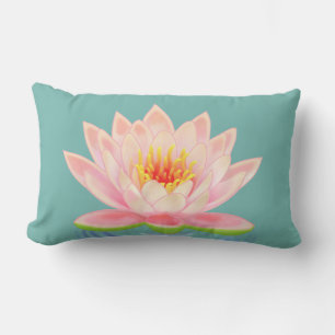 Cojín Lumbar Flor de Nenúfar Rosa sobre Turquesa