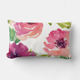 Cojín Lumbar Floral acuarela en rosa y púrpura