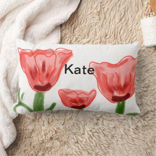 Cojín Lumbar floral acuarela roja agregar texto nombre