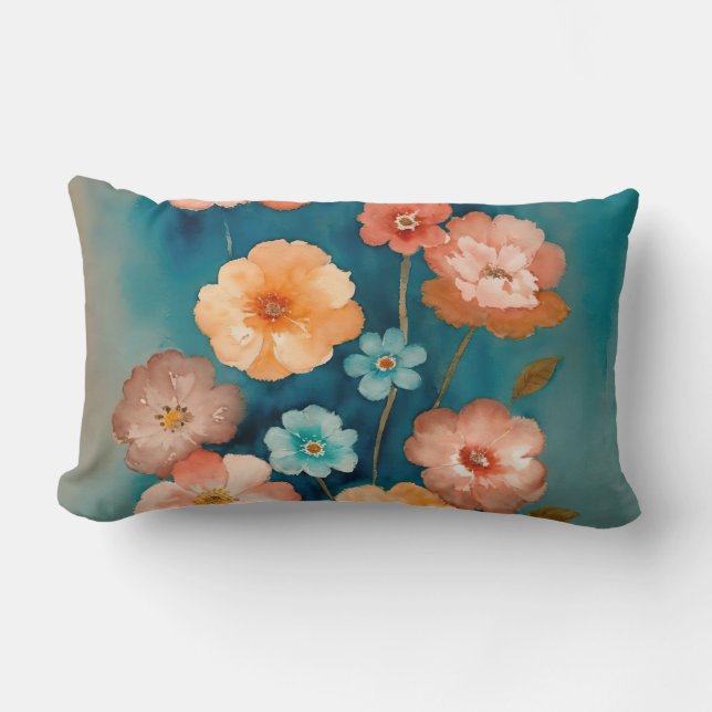 Cojín Lumbar Floral azul, bronce y roya (Anverso)