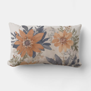 Cojín Lumbar Floral azul turbio y acuarela Naranja