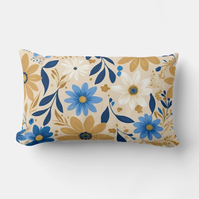 Cojín Lumbar floral azul y dorado (Anverso)
