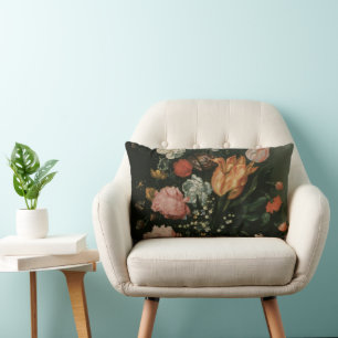 Cojín Lumbar Floral Barroco Antiguo, Jarrón de Flores en una Ho
