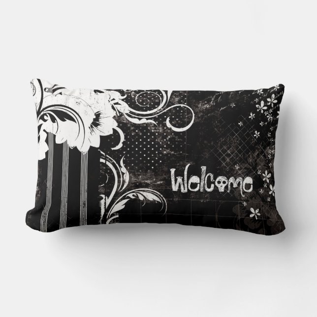Cojín Lumbar Floral blanca negra bienvenida Skull Lumbar Pillow (Anverso)