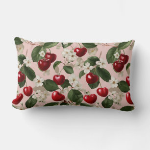 Cojín Lumbar Floral Botánico Rosa Rojo Flor de Cerezo Vintage
