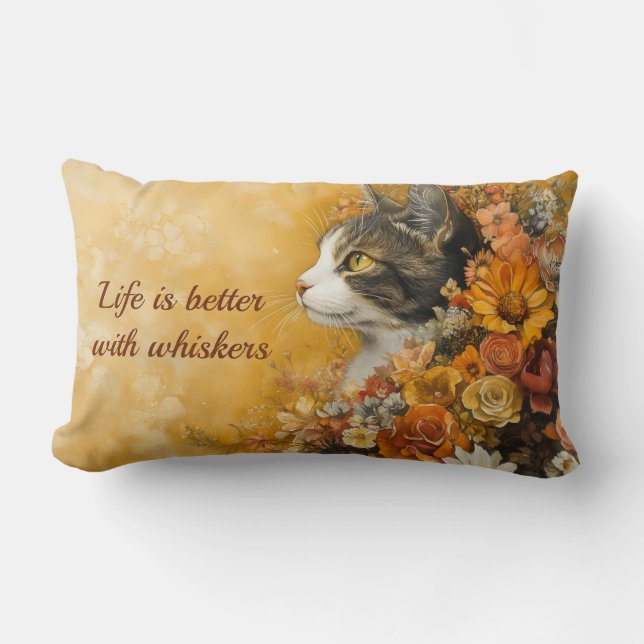 Cojín Lumbar Floral Cat & Custom Quote (Anverso)