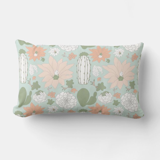 Cojín Lumbar Floral de suculentos Cacti Peach Green (Anverso)