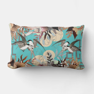 Cojín Lumbar Floral elegante, geométrica de aves en turquesa