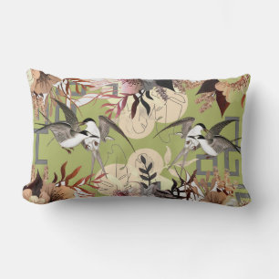 Cojín Lumbar Floral elegante, geométrica de aves en verde oliva