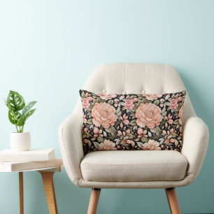 Cojín Lumbar Floral Flor de Melocotón Rosa Verde Fondo Negro