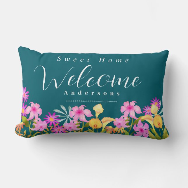 Cojín Lumbar Floral Garden Teal Welcome Throw Pillow (Anverso)