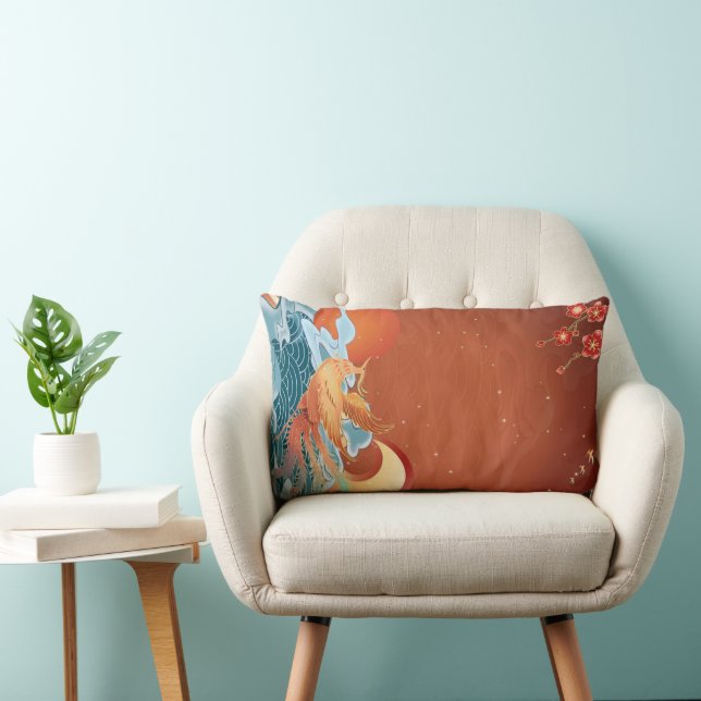 Cojín Lumbar Floral japonesa - Naranja de óxido elegante tejido (Silla)