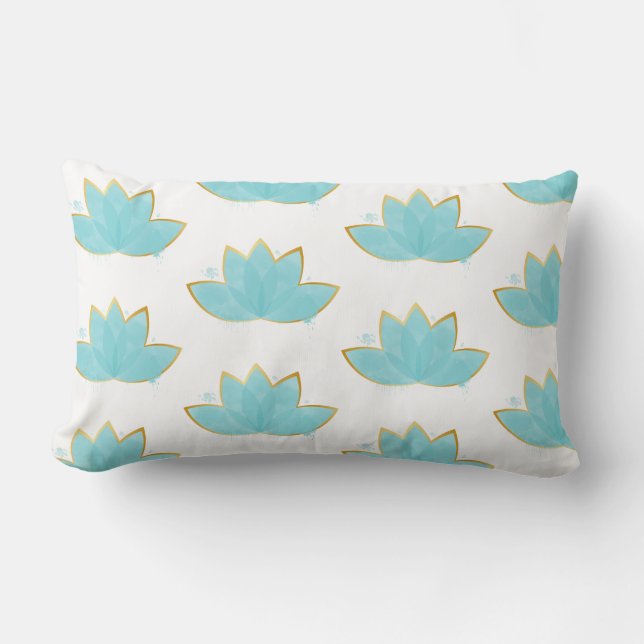 Cojín Lumbar Floral Lotus acuarela Seafoam Blue & Faux Gold (Anverso)