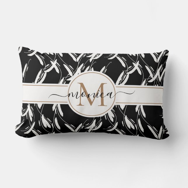 Cojín Lumbar Floral monogramada en blanco y negro (Anverso)