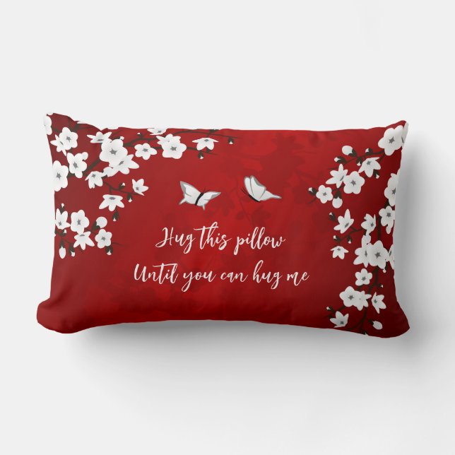 Cojín Lumbar Floral Red White Cherry Blossom "Hug Me" (Anverso)