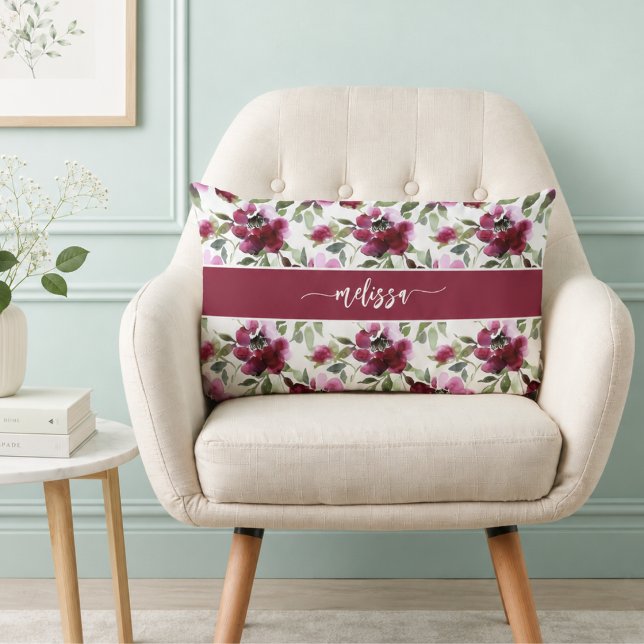 Cojín Lumbar Floral Rojo Personalizado (personalized burgundy red floral lumbar pillow with custom name monogram)