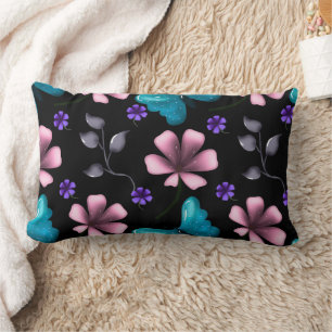 Cojín Lumbar Floral Rosa Caprichosa y Mariposa Azul Sin Costura