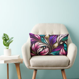 Cojín Lumbar Floral rosa y hojas Aspecto de vidrio manchado