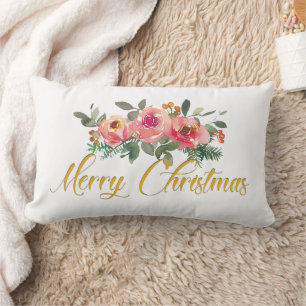 Cojín Lumbar Floral rosa y verde Añadir nombre Feliz Navidad