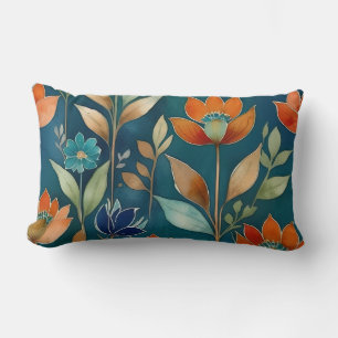 Cojín Lumbar floral verde azulada, azul y naranja