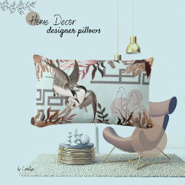 Cojín Lumbar Florales, pájaros, azul turbio