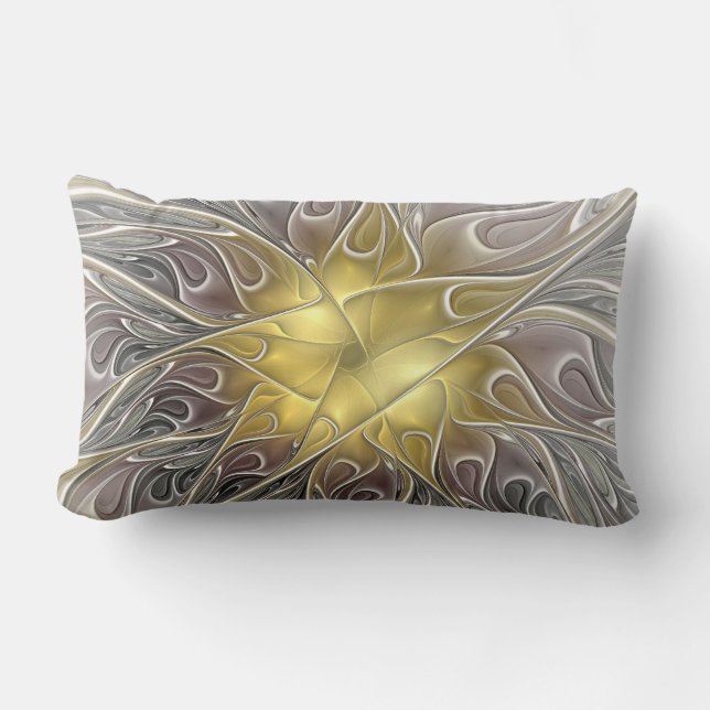 Cojín Lumbar Florecer Con Flor Fractal Moderna De Oro Abstracto (Anverso)
