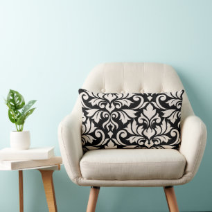 Cojín Lumbar Florecer Damask Arte I Crema sobre Negro