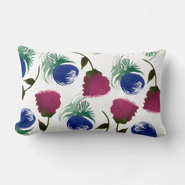 Cojín Lumbar Flores Acuarela Azul Burgundy Verdor Pintura (Anverso)
