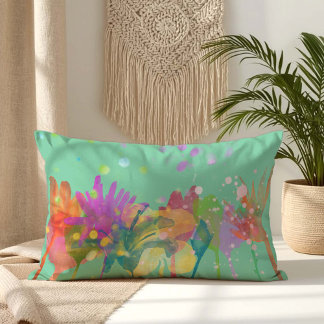 Cojín Lumbar Flores Acuarela Coloridas sobre Verde Menta