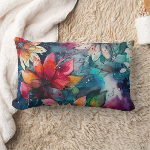 Cojín Lumbar Flores Acuarela Naranja Verde Teñido Coloridas