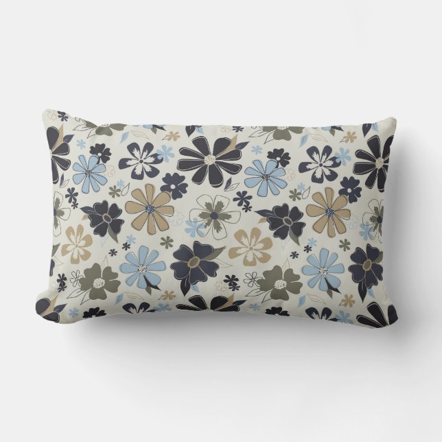 Cojín Lumbar Flores Azul Tan Contorno Patrón Floral (Anverso)
