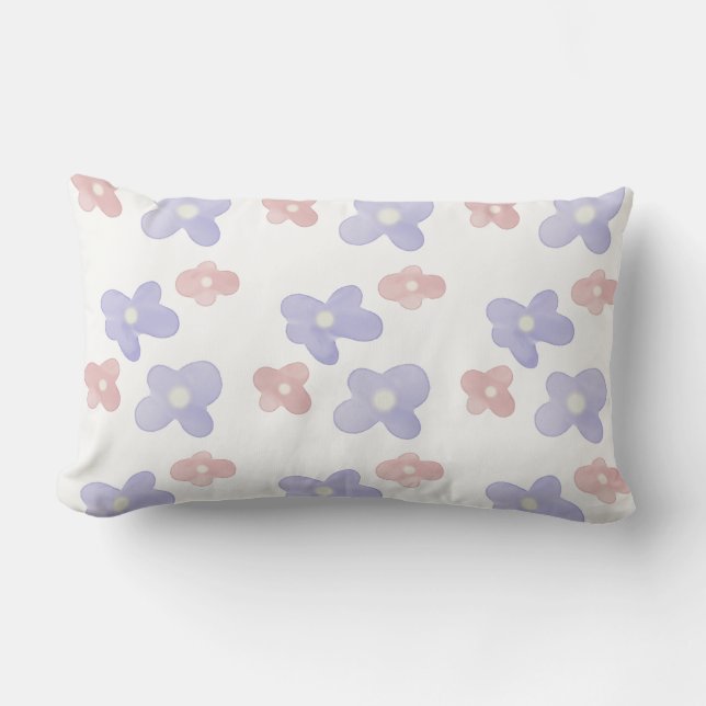 Cojín Lumbar Flores azules rosadas en blanco (Anverso)
