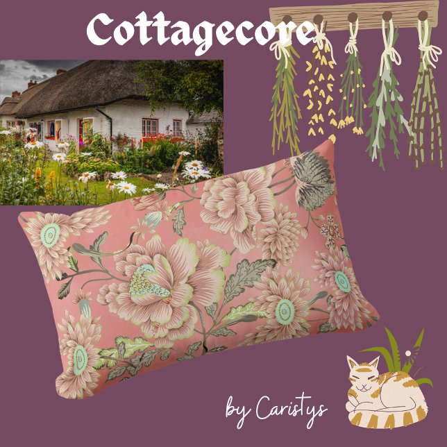 Cojín Lumbar Flores azules rosas sobre fondo de coral (Subido por el creador)