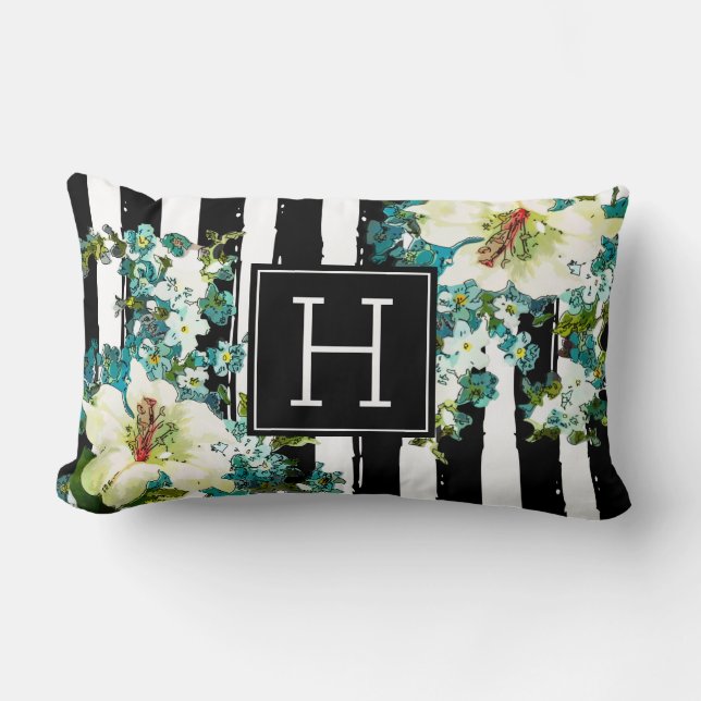 Cojín Lumbar Flores azules y blancas elegantes con monograma (Anverso)