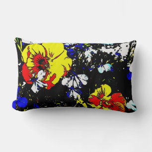 Cojín Lumbar flores azules y blancas rojas estilo arte pop