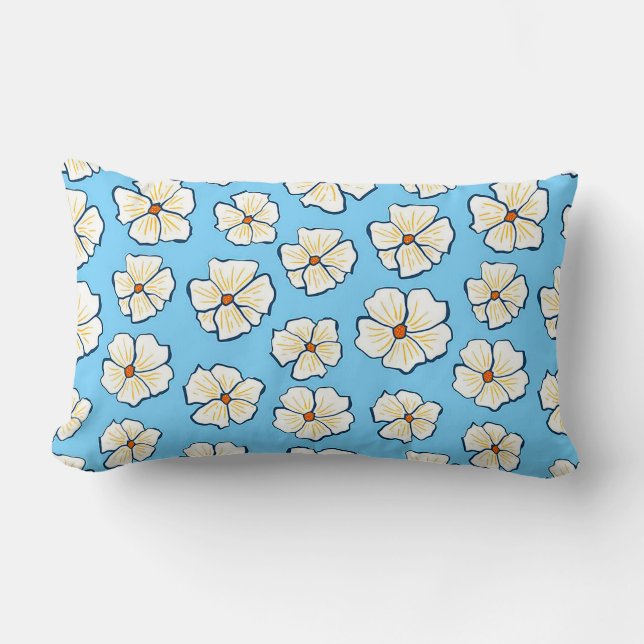 Cojín Lumbar Flores blancas sobre un fondo azul (Anverso)