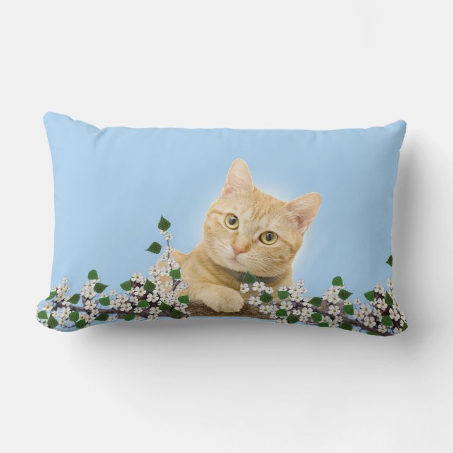 Cojín Lumbar Flores blancas y gato atigrado ginger sobre azul c (Anverso)