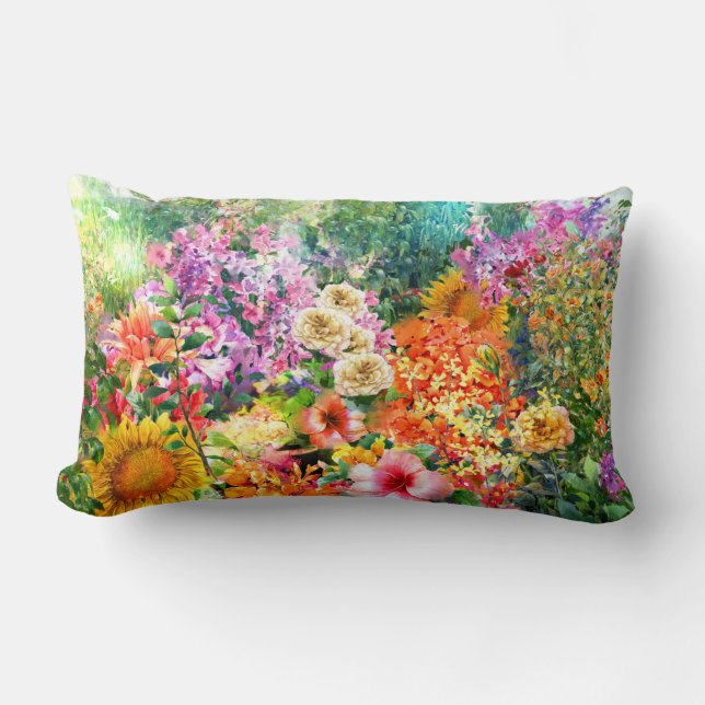 Cojín Lumbar Flores botánicas del jardín de la campiña acuarela (Anverso)