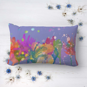 Cojín Lumbar Flores Coloridas de Acuarela sobre Azul