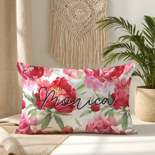 Cojín Lumbar Flores de Acuarela de Peonía Roja Personalizadas