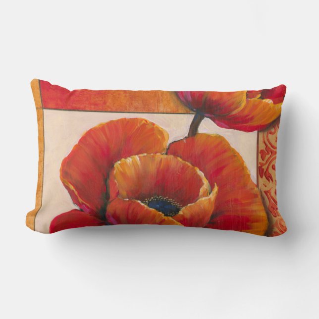 Cojín Lumbar Flores de amapola en Tan y fondo Naranja (Anverso)