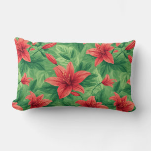Cojín Lumbar Flores de lirio rojas con hojas verdes exuberantes