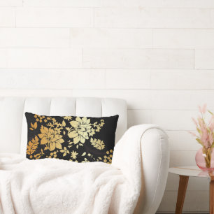 Cojín Lumbar Flores de oro orientales en negro